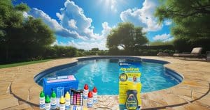 A photorealistic image of an inground swimming pool nestled in a lush backyard, bathed in bright sunlight. The pool is a clear, inviting blue, surrounded by a spacious, sun-warmed stone deck with a natural, textured finish. The scene is framed from a slightly elevated angle, showcasing the entire pool and deck area, with a hint of surrounding greenery and perhaps a few comfortable-looking lounge chairs. The sky is a vibrant blue with fluffy white clouds. A Taylor three way test kit and Aquachek chlorine test strips sit on the ground by the pool.