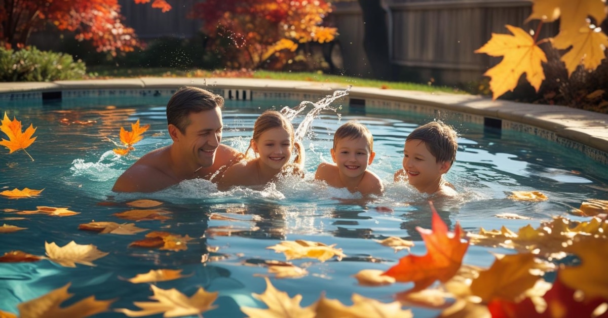 A family of four, enjoying a sunny autumn afternoon in their backyard swimming pool. Crisp, golden leaves drift on the surface of the water, surrounding a family splashing and playing. The pool is surrounded by vibrant fall foliage in shades of red, orange, and yellow. Photorealistic style, warm lighting, shallow depth of field.
