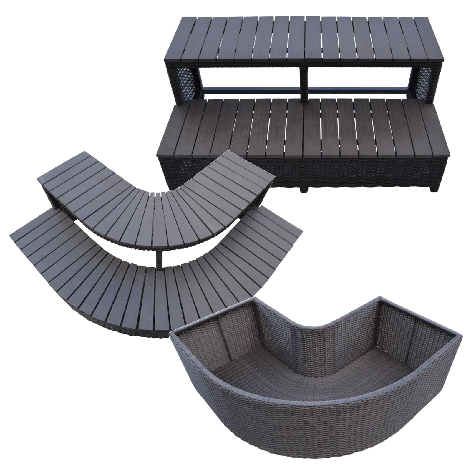 Hot Tub Step and Planter Bundle includes: one corner planter, one corner step (two steps), one straight step (two steps)