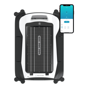 AquaSkim solar powered pool surface skimmer operating in a backyard swimming pool. The autonomous cleaning device collects floating debris such as leaves, bugs, and dirt while using solar energy for continuous operation. App connectivity allows users to monitor performance and adjust settings remotely.